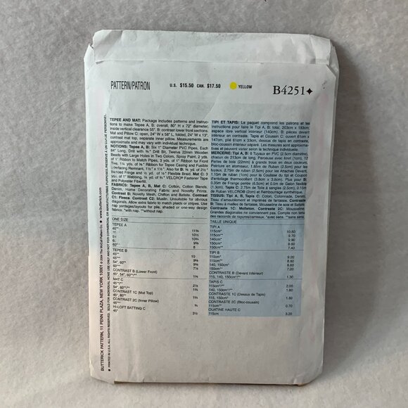 Butterick B4251 UNCUT Teepee Pattern Childrens Play Tent and Mat Instructions - Picture 2 of 2